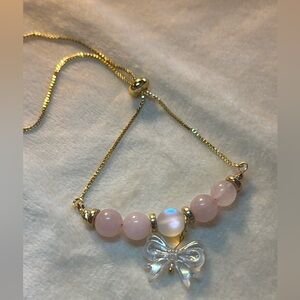 Beautiful Rose Quartz with Bow charm and golden adjustable bracelet chain
